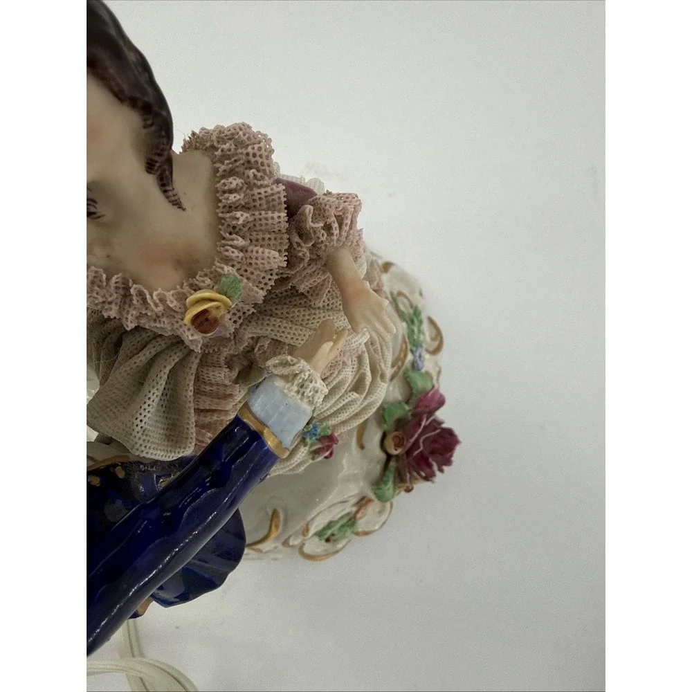 Pair VTG Unterweissbach Germany Porcelain Lace Courting Couple Lamps AS IS